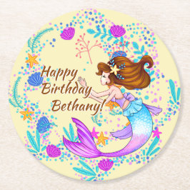 名前を追加Brown Hair Mermaid Mauve on Creamパーティー ラウンドペーパーコースター
