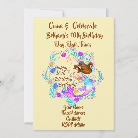 名前を追加Brown Hair Mermaid Mauve on Creamパーティー 招待状 (正面)