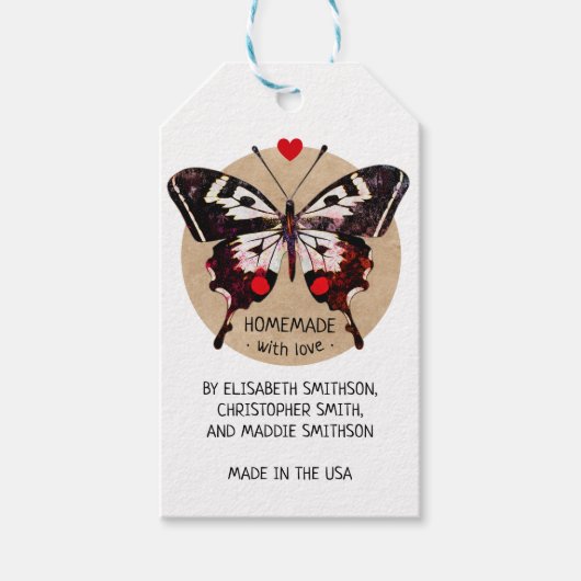名前を追加Butterfly & Homemade With Love ギフトタグ (正面)