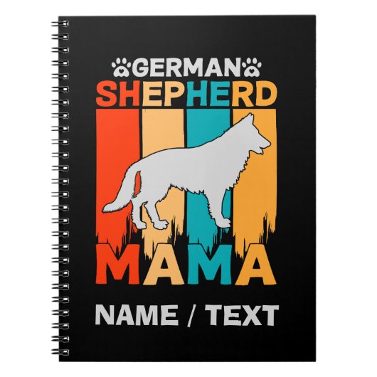名前を追加German Shepherd MAMA, Blue Brown on Black ノートブック (正面)