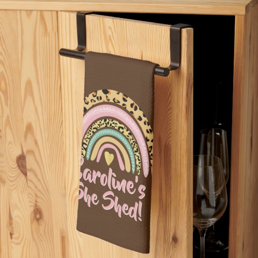 名前を追加Shed Leopard Print Pink Rainbowハート キッチンタオル (三つ折り)