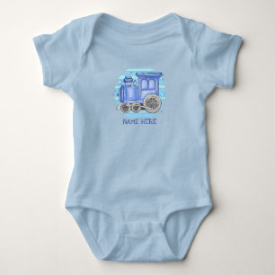 名前を追加Steam Train Engine Baby Blueボディスーツ ベビーボディスーツ