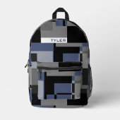 名前を青と灰色の抽象芸術メンモダントミニマルに追加 プリントバックパック (正面)