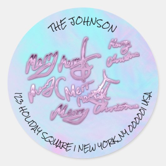名前アドレスからのホログラフィックブルーメリークリスマス ラウンドシール (正面)