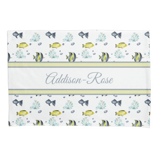 名前イエローブルー熱帯魚パターン子供部屋 枕カバー (正面)