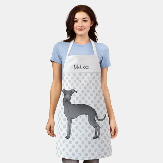 名前イタリアン付きブルーグレイハウンド漫画の犬 エプロン (着用した状態)