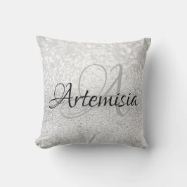 名前イニシャルグレーシルバーホワイトスパークルスウィートガーリーシルバー クッション