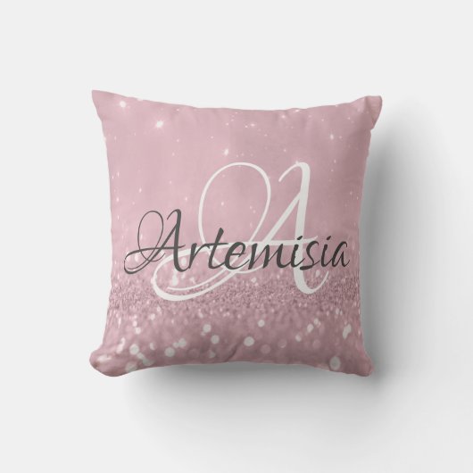 名前イニシャルピンクローズ赤面グリッター クッション (正面)