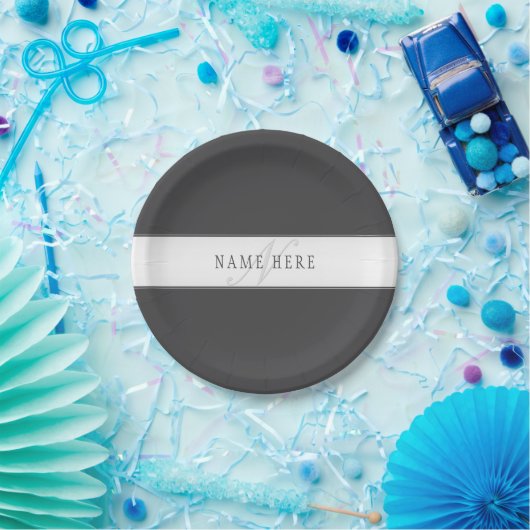 名前エレガントとモノグラム | 濃いグレーと薄いグレー ペーパープレート (パーティー)