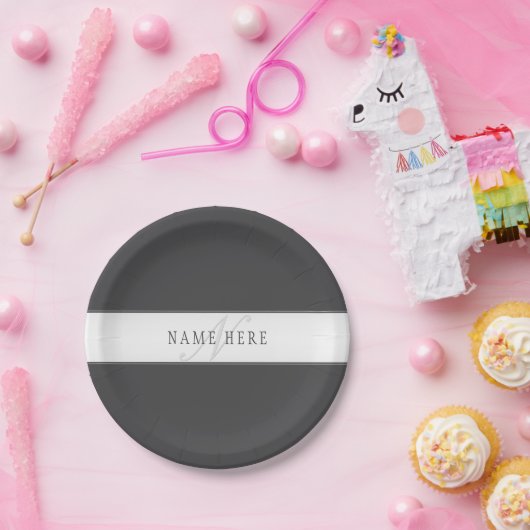 名前エレガントとモノグラム | 濃いグレーと薄いグレー ペーパープレート (パーティー)