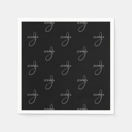 名前エレガントとモノグラム |黒、白、グレー スタンダードカクテルナプキン (正面)