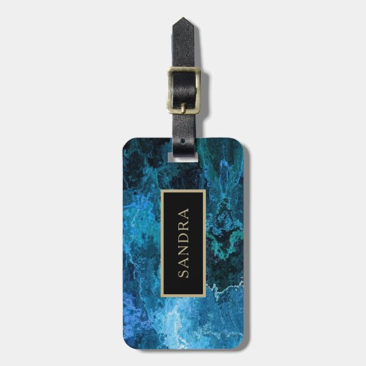 名前エレガントの付いた青大理石模様 ラゲッジタグ (正面縦)