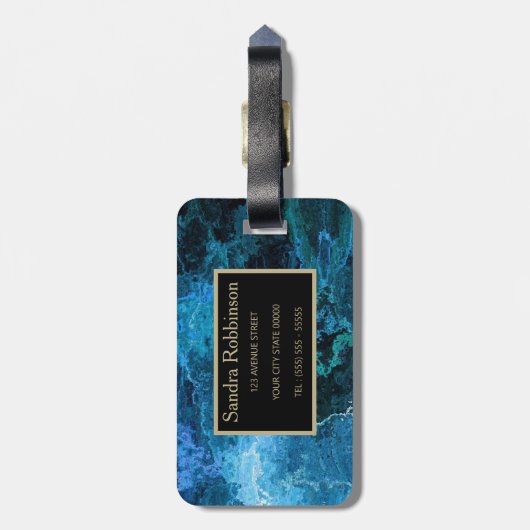 名前エレガントの付いた青大理石模様 ラゲッジタグ (裏面縦)