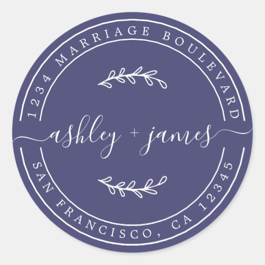 名前エレガントネイビーブルー結婚の差出人住所 ラウンドシール (正面)