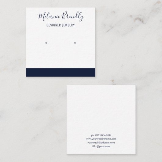 名前エレガントネイビーホワイトジュエリーイヤリングディスプレイ スクエア名刺 (正面/裏面)