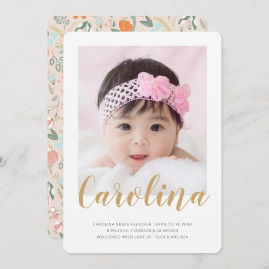 名前エレガントフローラルパターンフォト誕生 案内状 (正面/裏面)