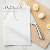 名前エレガントモノグラム |白とグレー キッチンタオル (四つ折り)