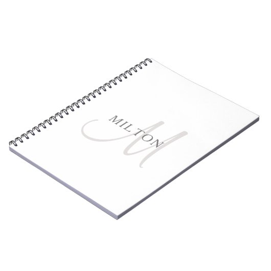 名前エレガントモノグラム |白とグレー ノートブック (左側)