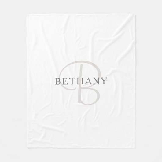 名前エレガントモノグラム |白とグレー フリースブランケット (正面)