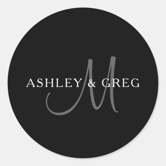 名前エレガントモノグラム |白黒とグレー ラウンドシール (正面)