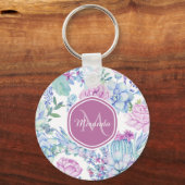 名前エレガント付き紫と青の多肉性フローラ キーホルダー (正面)