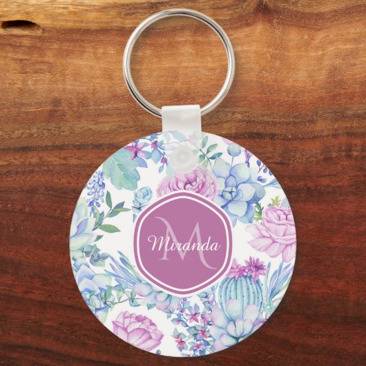 名前エレガント付き紫と青の多肉性フローラ キーホルダー (正面)
