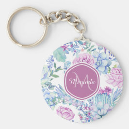 名前エレガント付き紫と青の多肉性フローラ キーホルダー
