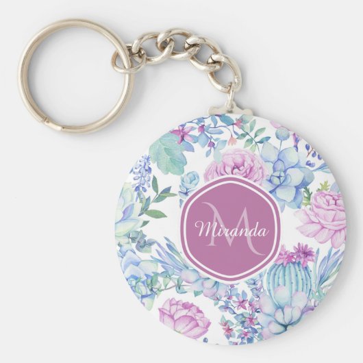 名前エレガント付き紫と青の多肉性フローラ キーホルダー (正面)
