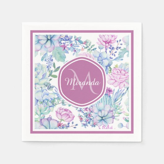 名前エレガント付き紫と青の多肉性フローラ スタンダードカクテルナプキン (正面)