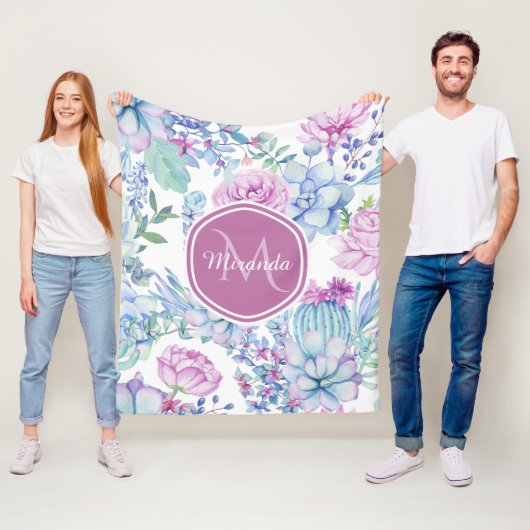 名前エレガント付き紫と青の多肉性フローラ フリースブランケット (インサイチュ)