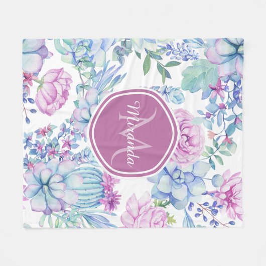 名前エレガント付き紫と青の多肉性フローラ フリースブランケット (正面(横))