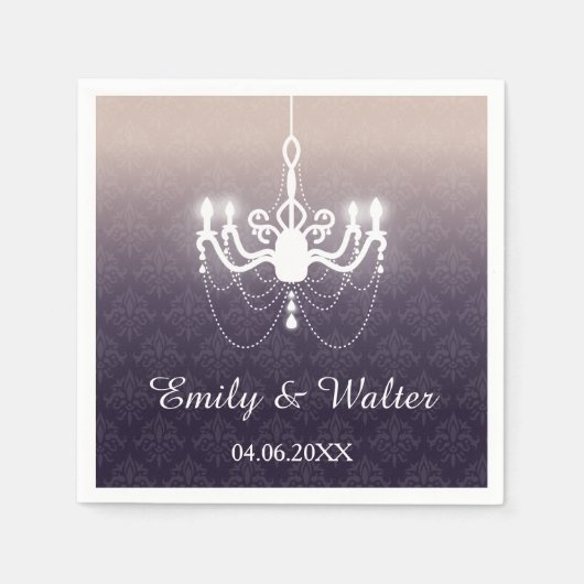 名前エレガント付き紫のシャンデリア結婚 スタンダードカクテルナプキン (正面)