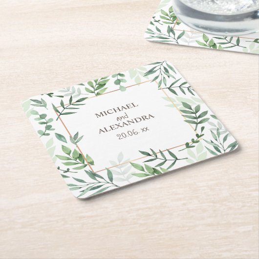 名前エレガント水の色素朴緑結婚の スクエアペーパーコースター (アングル)