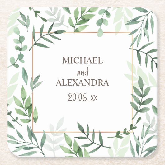名前エレガント水の色素朴緑結婚の スクエアペーパーコースター (正面)