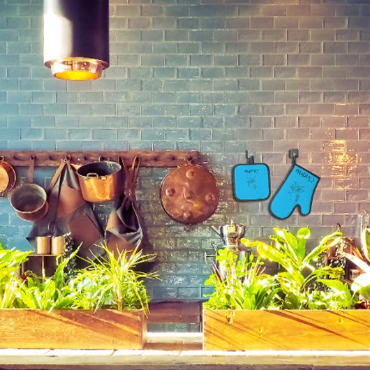 名前エレガント花線白黒青 鍋つかみ&鍋敷きセット