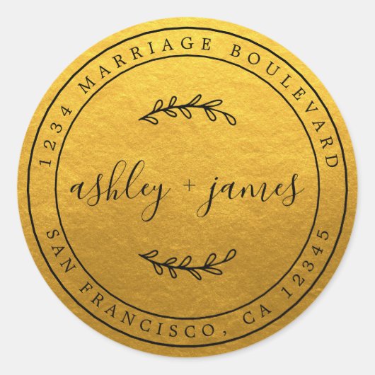 名前エレガント金ゴールド結婚の差出人住所 ラウンドシール (正面)