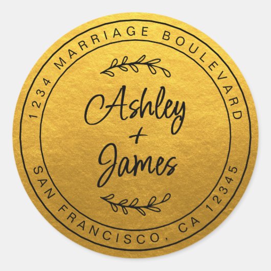 名前エレガント金ゴールド結婚の差出人住所 ラウンドシール (正面)