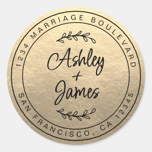 名前エレガント金ゴールド結婚の差出人住所 ラウンドシール (正面)