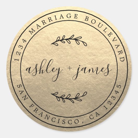 名前エレガント金ゴールド結婚の差出人住所 ラウンドシール (正面)
