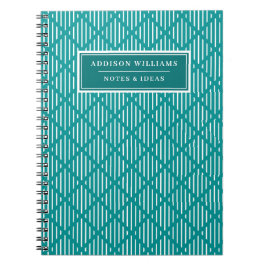 名前オンユニークティール（緑がかった色）ひし形ストライプパターンカスタム ノートブック