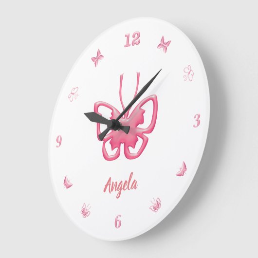 名前カスタマイズピンク蝶の女の子 ラージ壁時計 (傾斜)