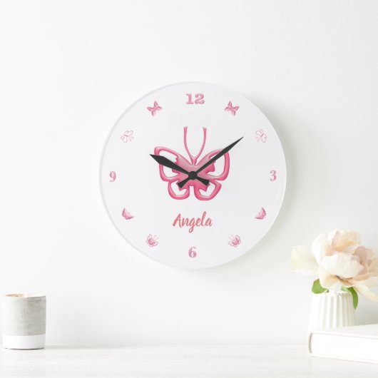 名前カスタマイズピンク蝶の女の子 ラージ壁時計 (ホーム)