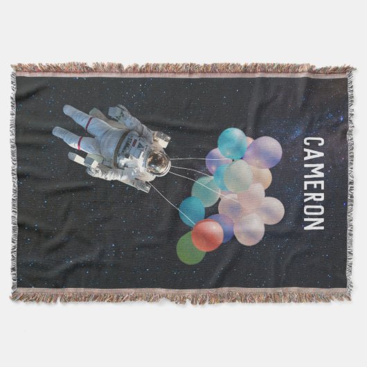 名前カスタマイズ宇宙飛行士の星と宇宙バルーン スローブランケット (正面)