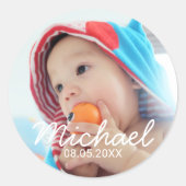 名前カスタムと日付の付いた写真 ラウンドシール (正面)