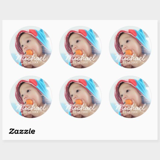 名前カスタムと日付の付いた写真 ラウンドシール (シート)