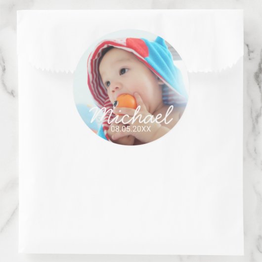 名前カスタムと日付の付いた写真 ラウンドシール (バッグ)