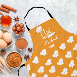 名前カスタムオレンジ&ホワイトシェフハット付きシェフ エプロン