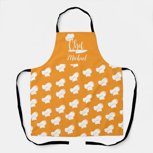 名前カスタムオレンジ&ホワイトシェフハット付きシェフ エプロン (正面)