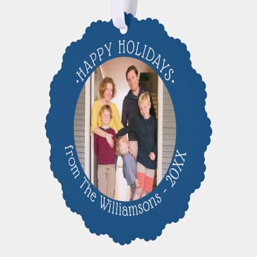 名前カスタムブルーホリデー付き縁ど写真 オーナメントカード (左)