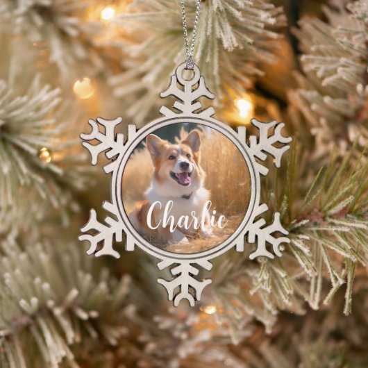 名前カスタム付きペット写真 スノーフレークピューターオーナメント (ツリー)